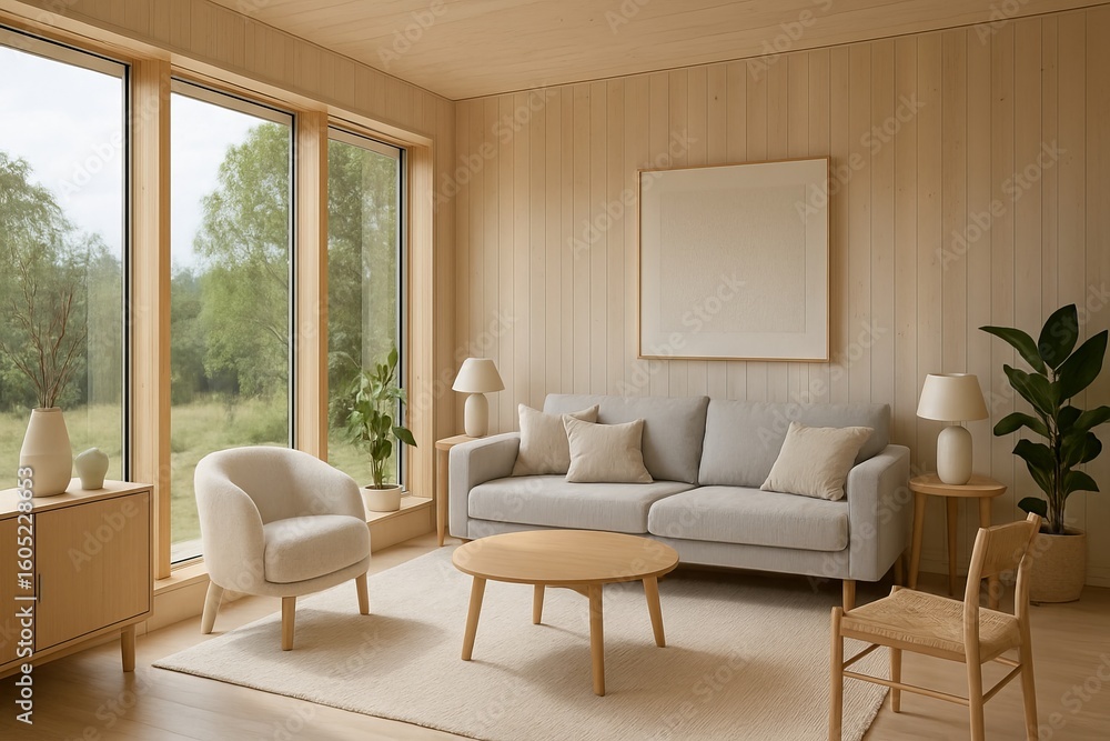 Fototapeta premium Scandinavian living room interior with minimalist furniture and large windows overlooking nature, concept of modern design, cozy atmosphere, natural light illumination, modular home