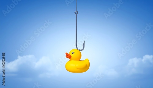 Yellow rubber duck on a fishing hook against a clear blue sky