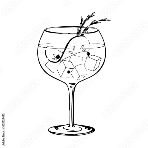 Hand drawn vector illustration of a gin and tonic cocktail in a balloon glass with ice cubes citrus peel juniper berries and rosemary garnish elegant black and white line art on white background