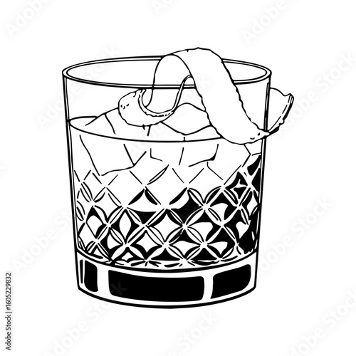 Hand drawn vector illustration of an old fashioned cocktail in a vintage crystal glass with ice cubes and citrus peel garnish classic whiskey drink black and white line art isolated on white