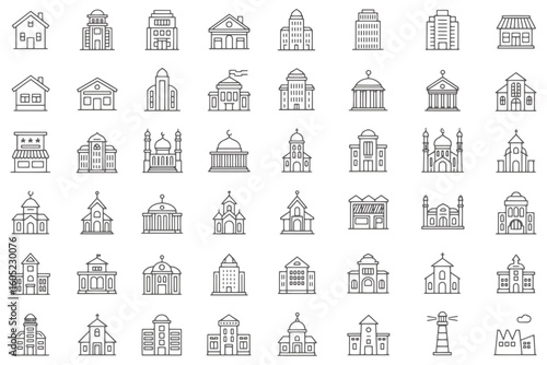 Vector art of collection of various building icon set on isolated background.
