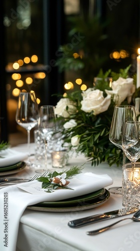 Elegant Dining Setup With White Roses and Candles in a Lush Garden Setting Du...