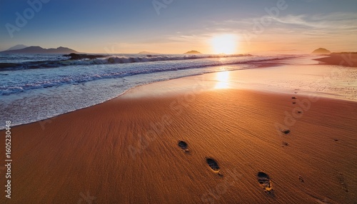 traces on sand beach at sunset with gentle ocean waves flowing