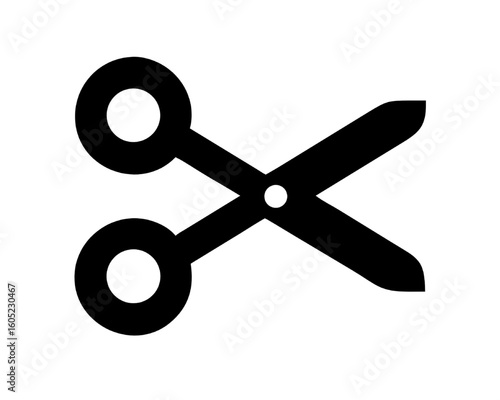 Simple black flat vector icon of a pair of scissors isolated on a white background design.