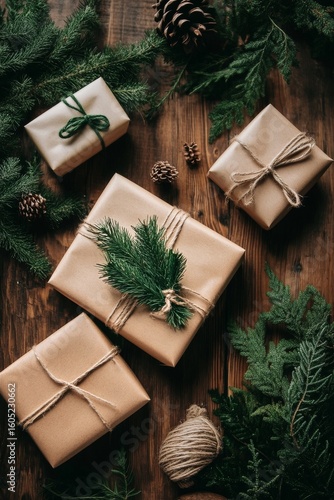 Wrapped Holiday Gifts Arranged on a Wooden Surface With Pine Cones and Greenery