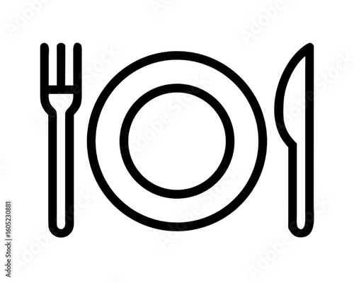 Simple line art icon of a dinner plate setting with cutlery. A minimal food and dining symbol.