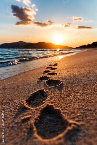 Footprints on Sandy Beach at Sunset With Golden Rays Reflecting on the Ocean.