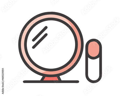 Simple line art illustration of a round vanity mirror with a makeup applicator