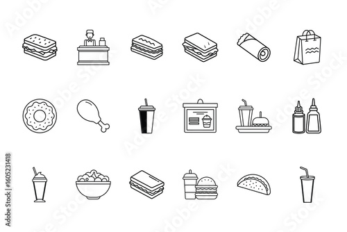 Collection line art icons for fast food drinks vector