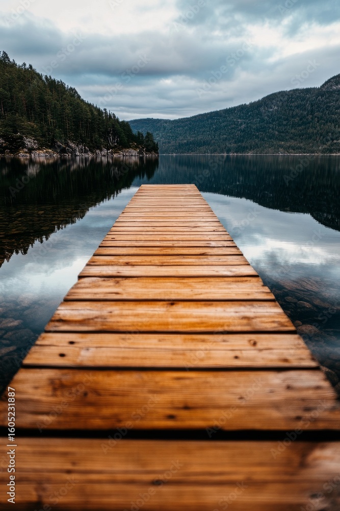 Fototapeta premium Wooden Dock Extending Over Calm Lake Surrounded by Mountains Under Cloudy Sky