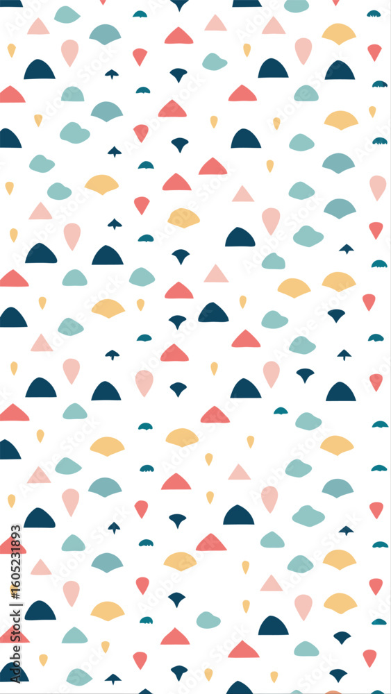 Obraz premium A whimsical pattern of colorful abstract shapes and dots on a clean white background