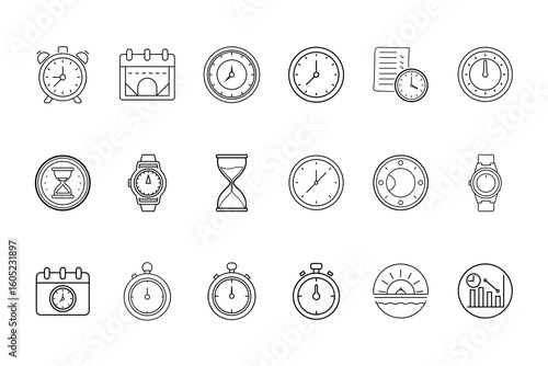 Collection outline icons representing time scheduling elements clock calendar