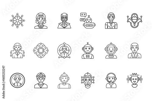 Collection stylized line art icons representing artificial intelligence robots agent