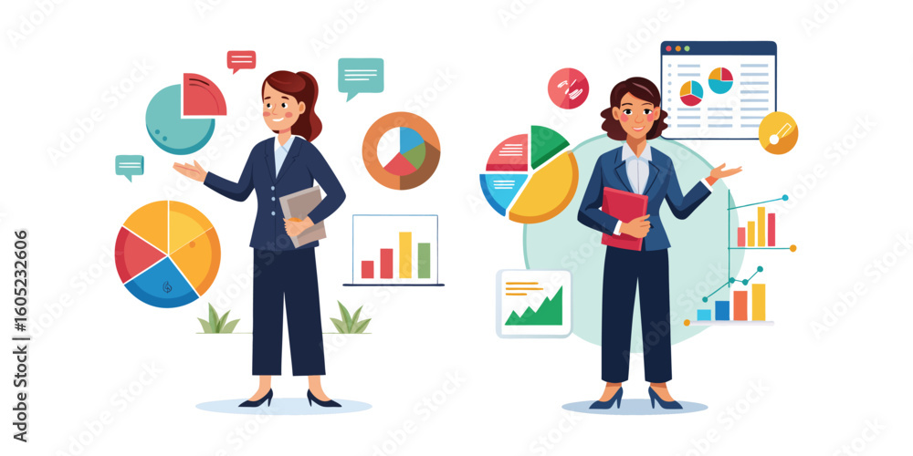Businesswoman analyzing and comparing statistics with colorful pie chart, data visualization, financial report presentation, corporate analytics, office workspace vector illustration. Businesswoman analyzing and comparing statistics with colorful pie chart, data visualization, financial report presentation, corporate analytics, office workspace vector illustration.