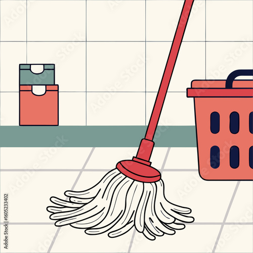 Cleaning mop leaning against wall near red basket in modern kitchen  