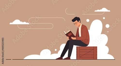 Young Man Immersed In Reading Sitting Serene Amidst Tranquil Cloudscape