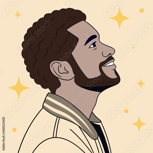 Young man with beard looking upward and smiling against a yellow background  