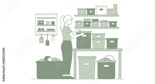 Woman Organizing Storage Bins And Containers In A Minimalist Pantry Interior