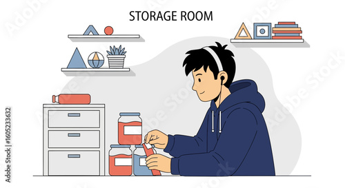 Young Man In Hoodie Organizing And Storing Preserved Food In The Pantry