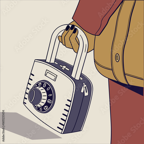 Person holding a combination luggage lock bag in casual attire  