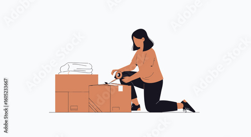 Woman Packing Cardboard Boxes For Relocation Into A New House Illustration