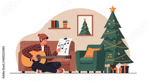 Young Man Learning Christmas Carols On Guitar At Home During Holiday Season