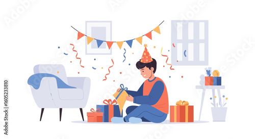 Young Man Opening Birthday Presents in Decorated Room for a Celebratory Occasion