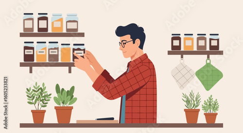 Young Man Organising Pantry Jars on Shelves With Plants and Kitchen Utensils