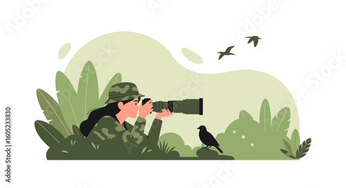 Woman Photographer Captures Birds in Natural Habitat with Telephoto Lens