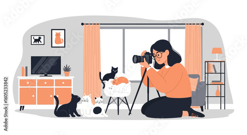 Woman Photographer Capturing Cute Cats At Home In Cozy Living Room Illustration