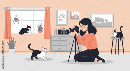 Woman Photographer Capturing Moments With Her Cats In Home Studio Scene