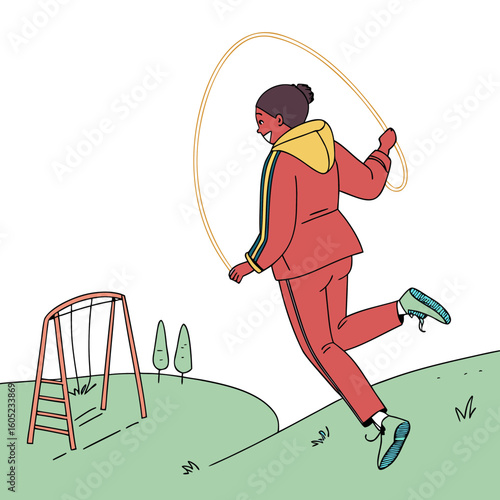 Young person jumping rope outdoors in a park with greenery  