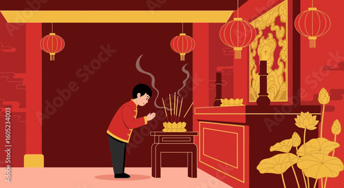 Young Man Praying With Incense Sticks For Good Luck And Fortune Wishes