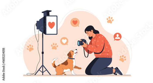 Woman Photographing Adorable Dog With Studio Lighting For Social Media Content