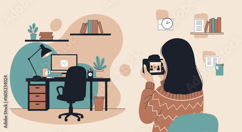 Woman Photographing Home Office Workplace Flat Lay Artistic Aesthetic Illustration