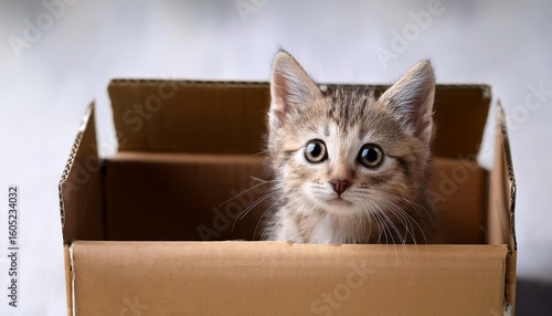 curious kitten hiding and playing in cardboard box