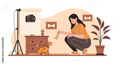 Woman Playing With Her Dog In a Photography Studio Indoor Scene