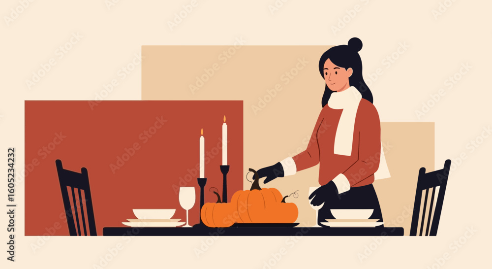 Fototapeta premium Woman Prepares A Festive Table Setting For Holiday Season Celebration