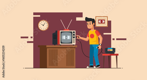 Young Man Switches On An Old Tv With A Classic Video Cassette Player