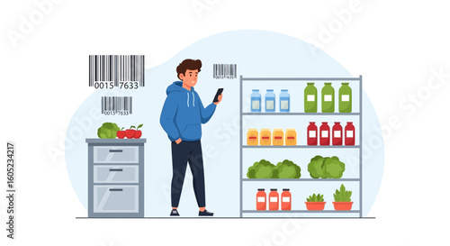 Young Man Using Smartphone Scan Barcodes For Smart Shopping In The Supermarket