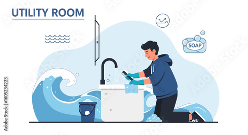 Young Man Tidying A Utility Room With Modern Design And Water Theme