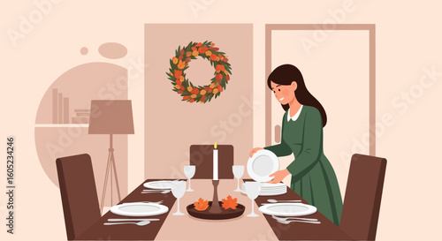 Woman Prepares An Autumnal Dinner Table For The Coming Holiday Season