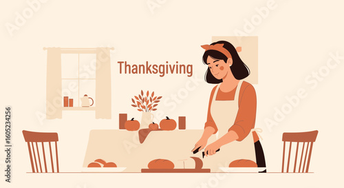 Woman Prepares A Thanksgiving Feast In A Warm And Inviting Kitchen Setting