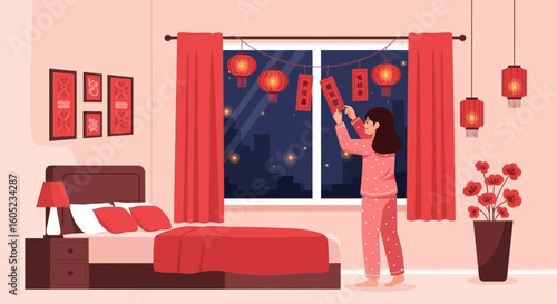 Woman Prepares Bedroom For Chinese Lunar New Year Celebration At Home