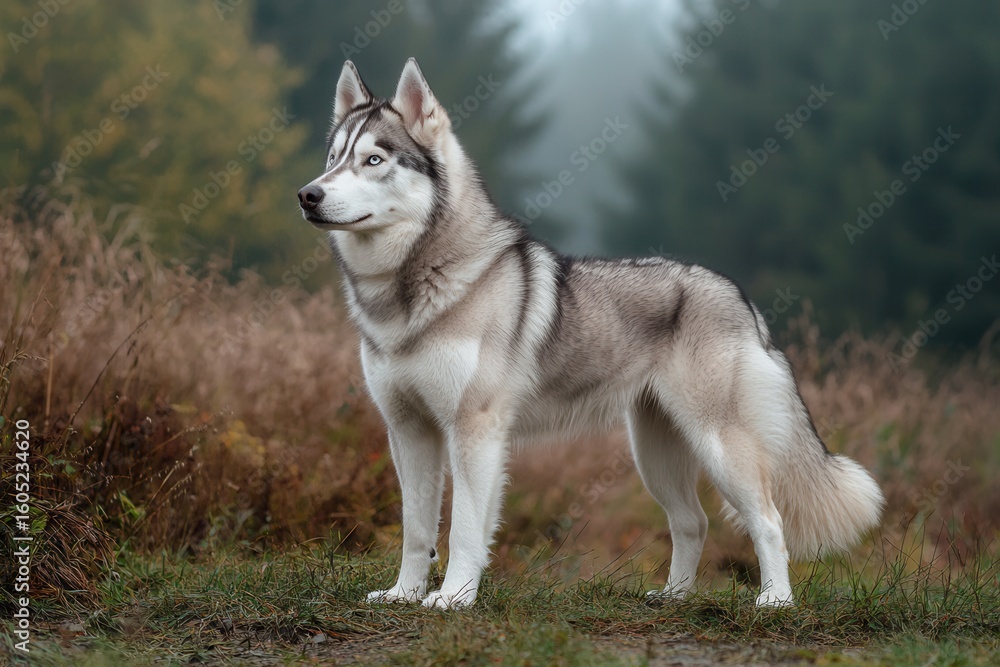 Majestic guardian of the north Alaskan Malamute stands watch in the misty morning wilderness Majestic guardian of the north Alaskan Malamute stands watch in the misty morning wilderness