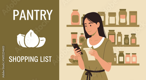 Woman Prepares Food Shopping List In Front Of The Kitchen Pantry With Phone