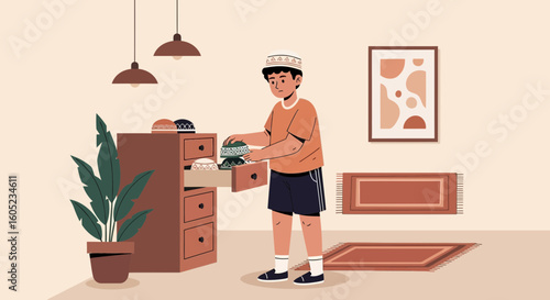Young Muslim Preparing Traditional Dress In His Room Before Going To Pray