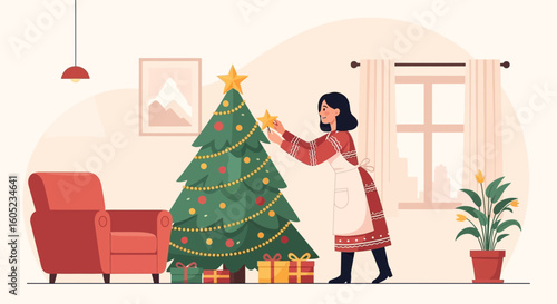 Woman Prepares For Christmas Placing Star On A Beautiful Christmas Tree