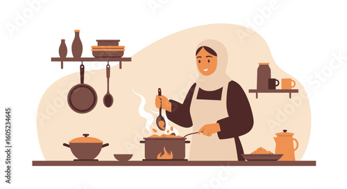 Young Muslim Woman Cooking Traditional Meal at Home Kitchen Interior