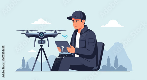 Young Operator Controlling Professional Drone with Tablet in Peaceful Environment